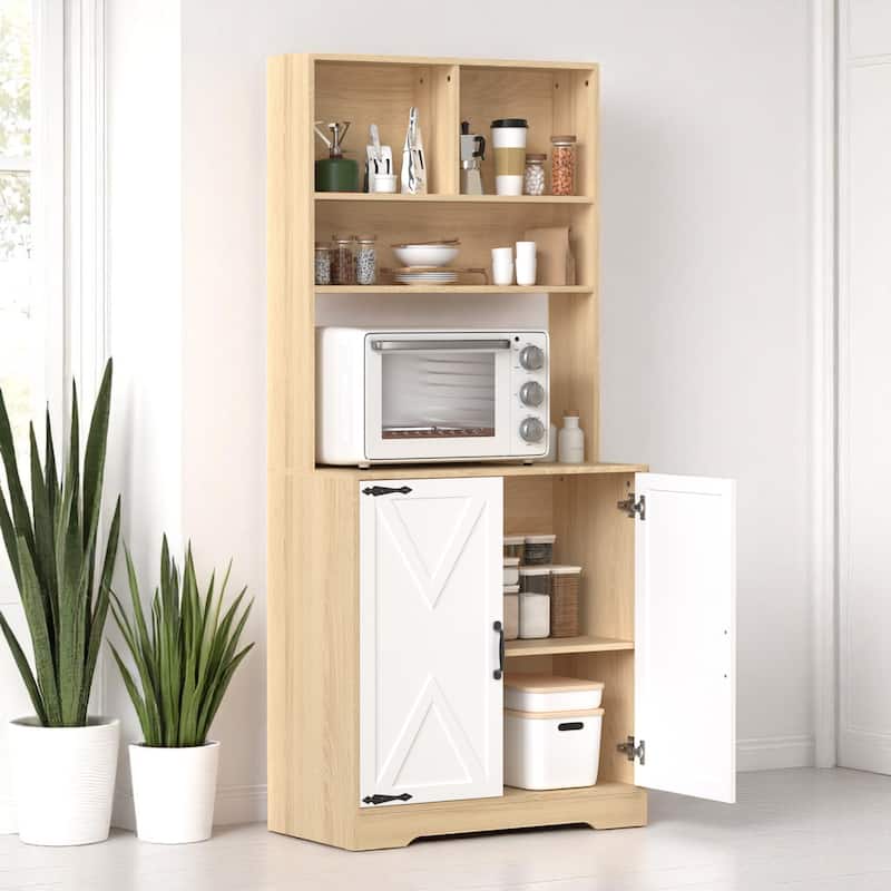 Modern 70.9" Freestanding Kitchen Cabinet with 2 Doors, 3-Tier Pantry Storage Shelves, Wood Grain Panel Design