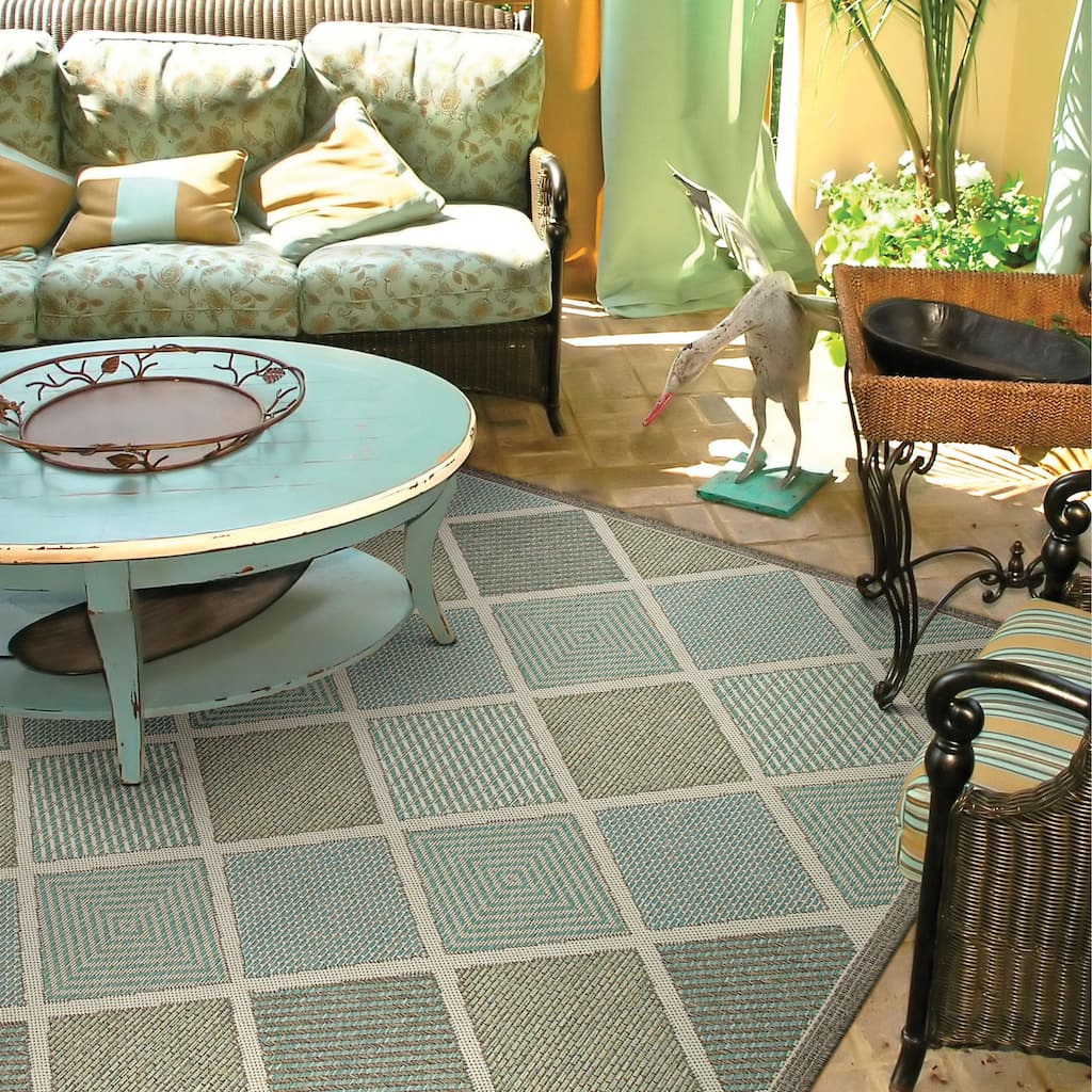 Dream Decor Rugs Samantha Dustin Beige Aqua Blue Outdoor Area Rug