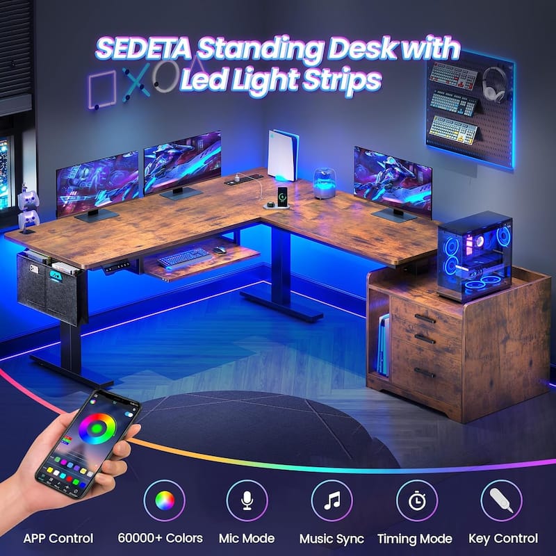 L Shaped Electric Standing Desk with File Cabinet Height Adjustable 63 x 53''