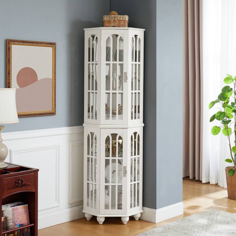 Lighted Corner Curio Cabinet, Wooden Accent Storage Cabinet, Display Cabinet with Tempered Glass Shelves & Mirrored Back