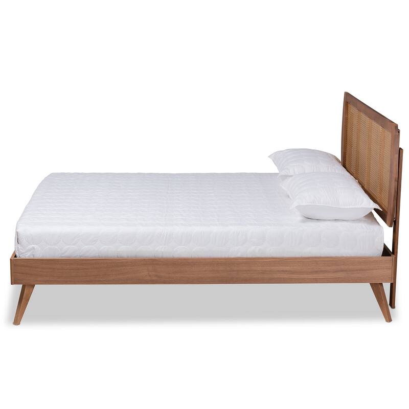 Mid-Century Modern Walnut Brown Wood and Rattan Queen Platform Bed with Angled Legs for Retro Style