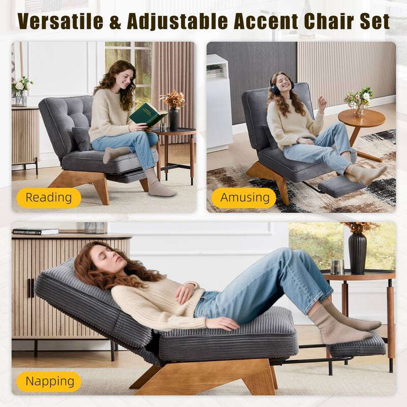 HOMEFUN Upholstered Modern Multi-Position Adjustable Wooden Base Lounge Chair with Footrest and Lumbar Pillow