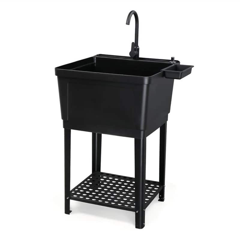 Plastic Utility Sink Freestanding with Storage Shelf - Black