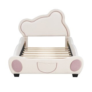 Twin Upholstered Kids Bed with Bear-shaped Headboard & Pocket,Beige