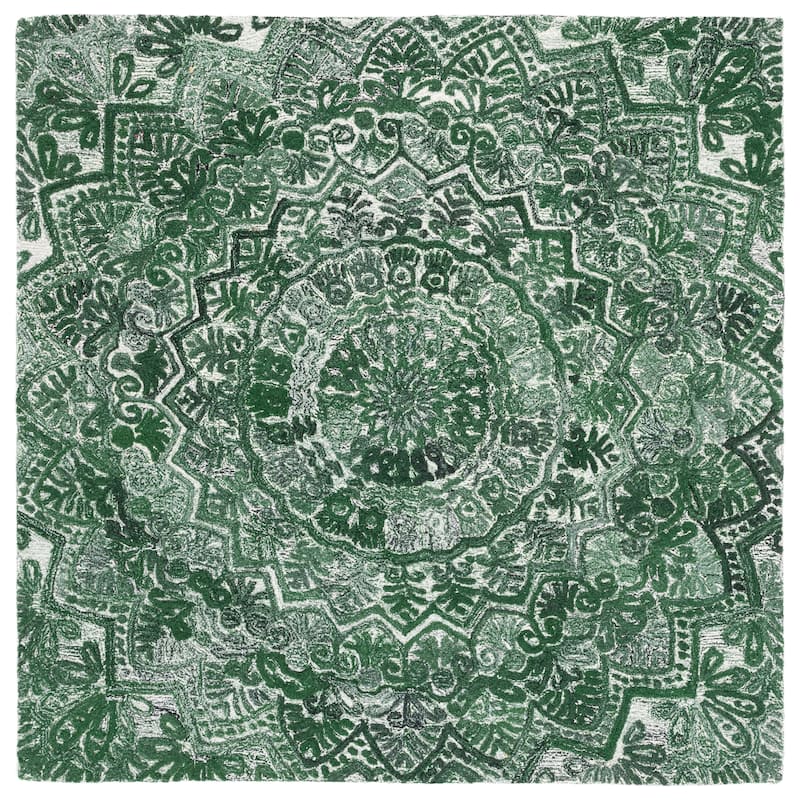SAFAVIEH Handmade Marquee Genta Modern Medallion Wool Rug - 4' Square - Green/Ivory - Square