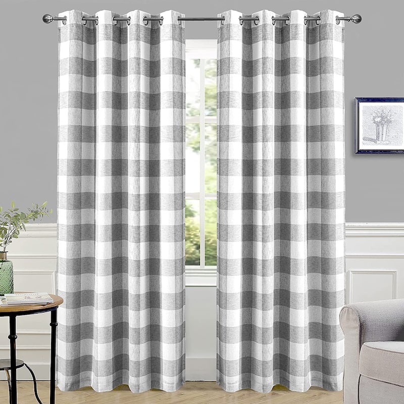 DriftAway Buffalo Check Woven Plaid Pattern Lined Blackout Thermal Insulated Window Curtain - 52" Width X 96" Length - Grey