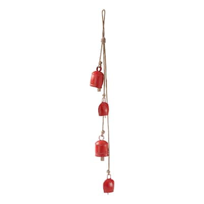 Antique Bells and Jute Rope Swag Decorative Christmas Bells Red Iron 26 in H x 2.5 in L x 2.5 in W