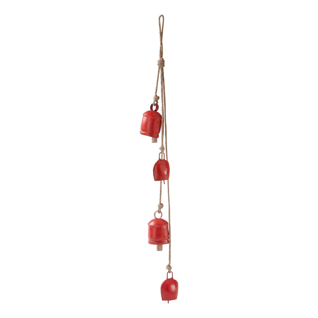 Antique Bells and Jute Rope Swag Decorative Christmas Bells Red Iron 26 in H x 2.5 in L x 2.5 in W