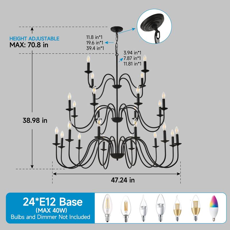Farmhouse Chandelier, Black Metal Chandeliers Light Fixtures Industrial Adjustable Height-E12