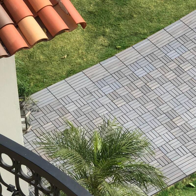 12"x12" Light Gray Acacia Wood Deck Tiles, Interlocking Checker Pattern for Outdoor