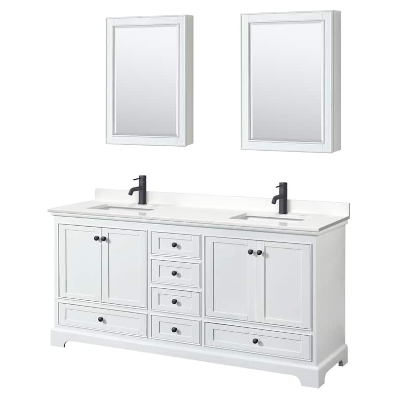 Deborah 72-inch Double Vanity, Quartz Top, Medicine Cabinets - White, Black Trim, White Quartz Top