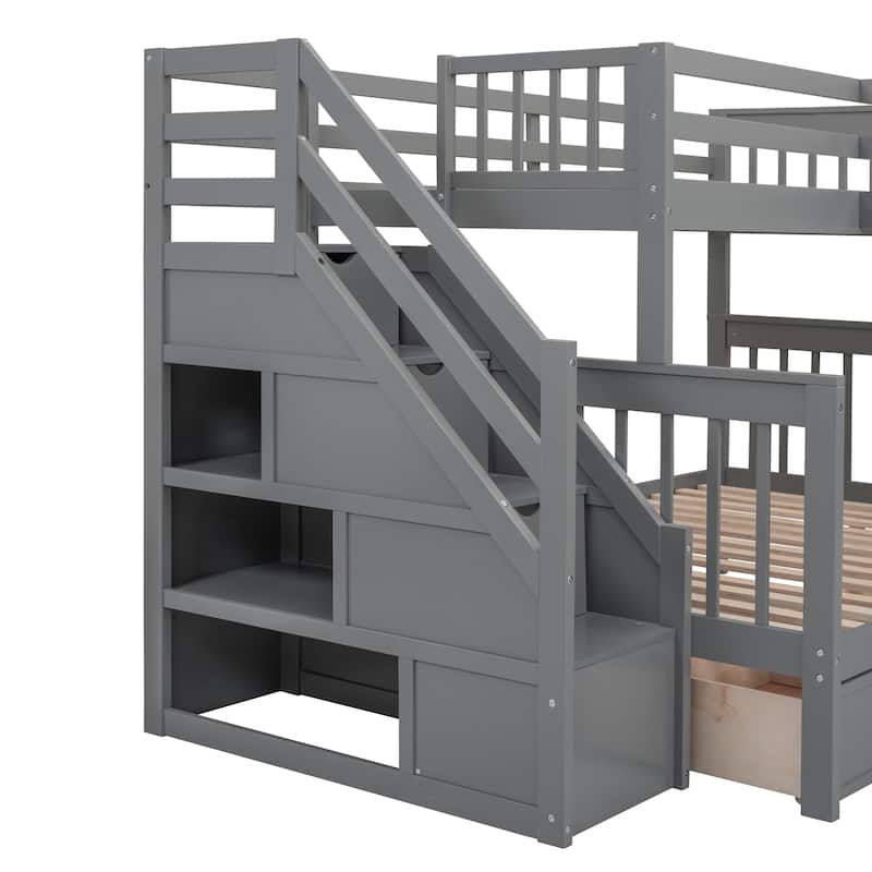 Twin-Twin over Full L-Shaped Bunk Bed With 3 Drawers, and Portable Desk and Wardrobe