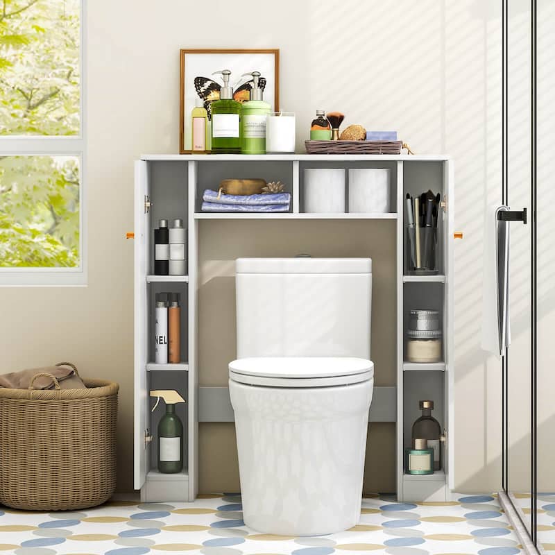 Over Toilet Storage Cabinet with Shelves and Double Door Cabinets - White