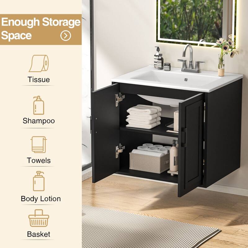 Anmytek 24'' Floating Bathroom Vanity Sink Combo Wall Mounted Cabinet with Soft Close Door