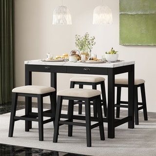 Counter Height Dining Table Set for 4 with Storage Drawers Faux Marble ...