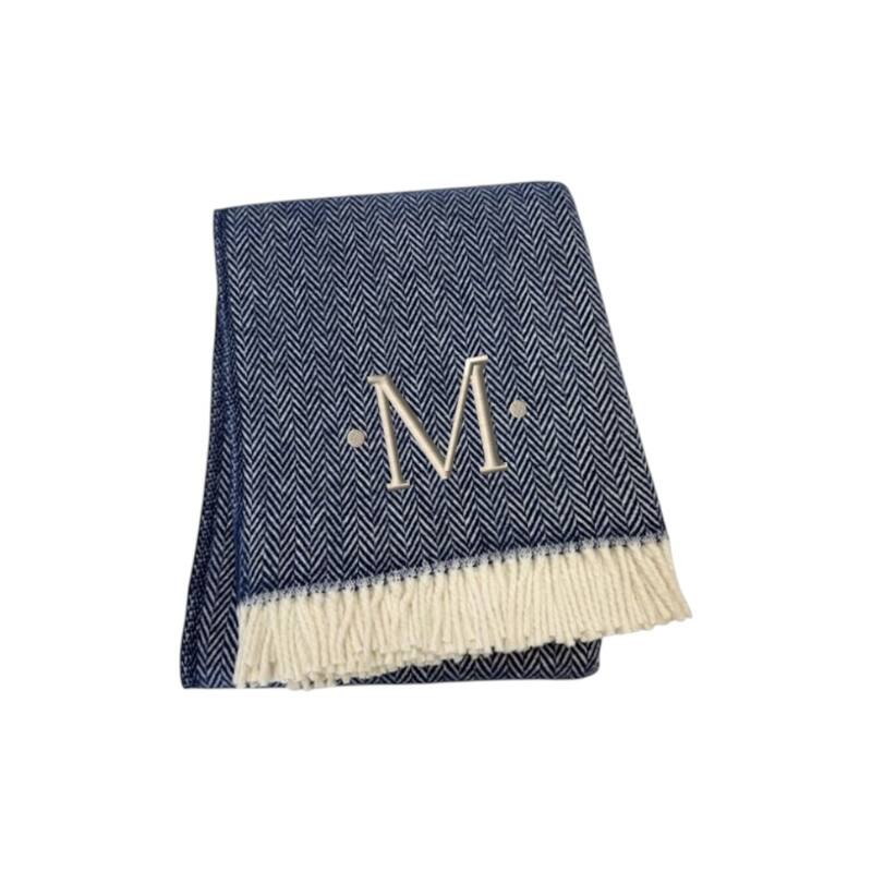 HomeRoots 55" X 70" Navy Blue And White Herringbone Cotton Blend M Initial Throw Blanket with Tassels And Embroidery