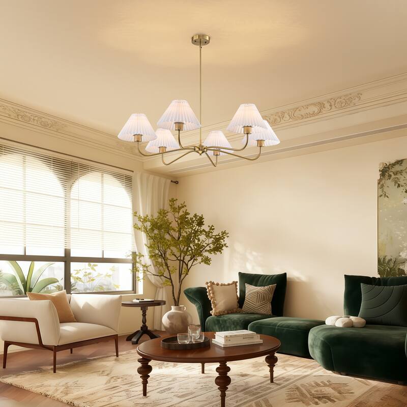 Starsky 6-Light Chandelier with Pleated Fabric Shades Handmade Black & Gold for Dining Room, Kitchen, Living Room and Foyer