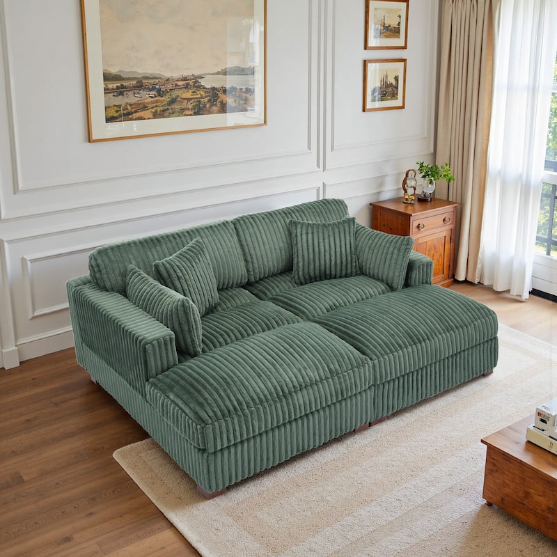 82" W Plush Corduroy Modular Sectional Sofa Chaise Lounge - Green&2 Pillows
