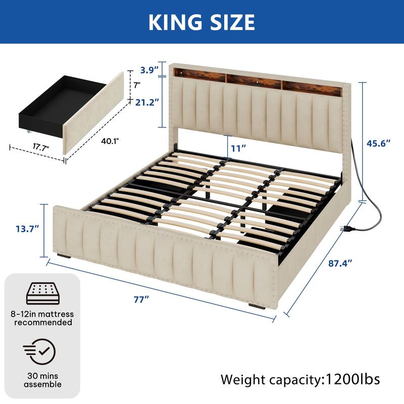Moasis Full/Queen/King Velvet Upholstered Platform Bed Bedframe with Charging Station and 4 Storage Drawers - King - Beige