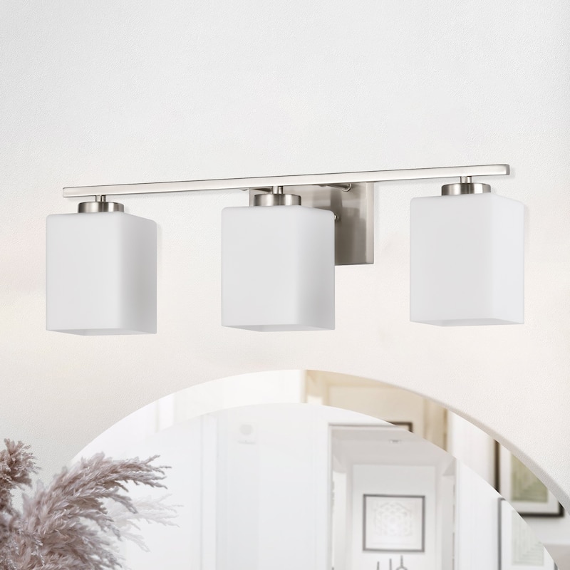 Brushed Nickel Indoor Bathroom Vanity Lights with Etched White Glass Square Rectangle Shades