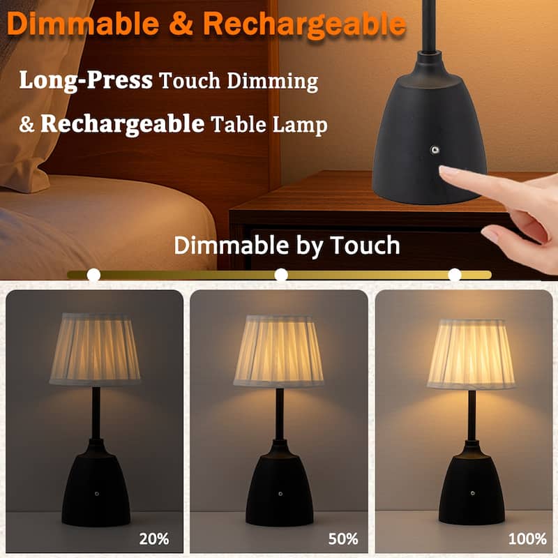 Classic Rechargeable LED Table Lamp with Fabric Shade Touch Control USB Cordless Nightstand Light for Nightstand Room - W6.3‘’
