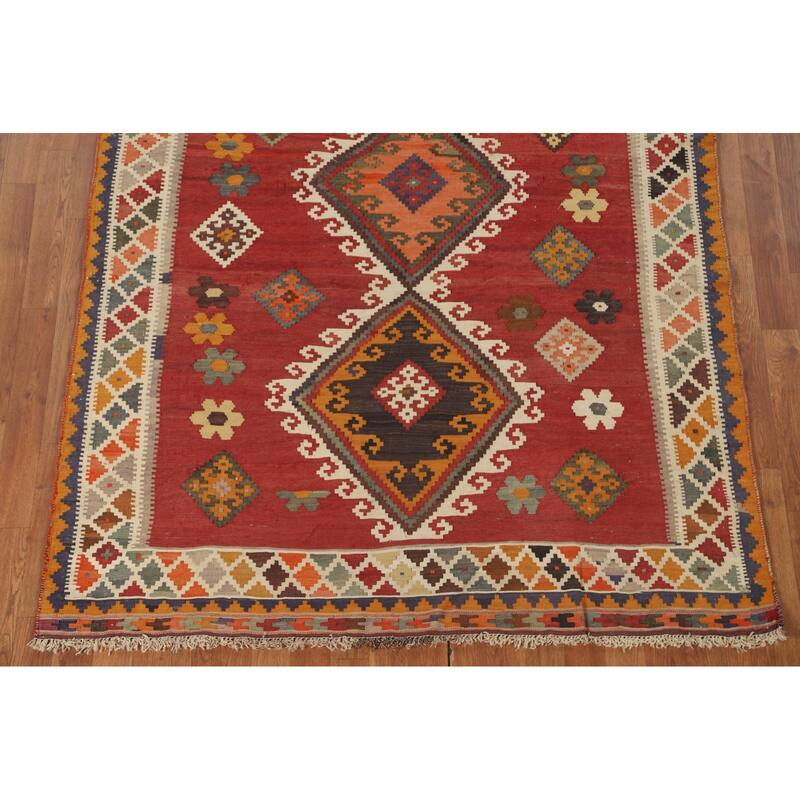 Red Medallion Kilim Qashqai Persian Vintage Rug Flatweave Wool Carpet - 5'1" x 8'3"