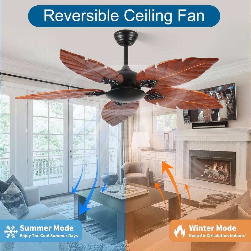 52"Tropical Ceiling Fan (No Light), Palm Leaf Indoor/Outdoor Ceiling Fan for Patio & Living Room, Reversible Fan, Black Bronze