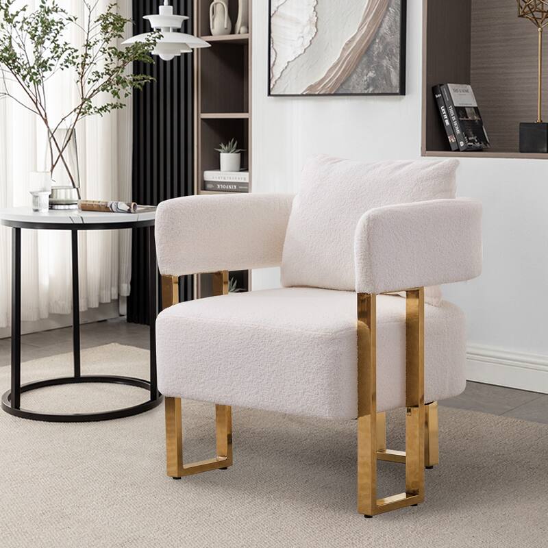Simple And Stylish Accent Chair With Metal Foot, Teddy Velvet Upholstered Sofas For Bedroom, Living Room, Balcony, Office - White