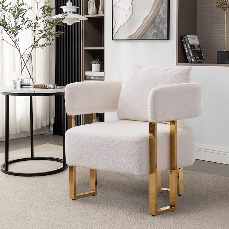 White+Gold Modern 24.41" Upholstered Accent Chair with Gold Metal Legs for Dressing Area (Set of 2)