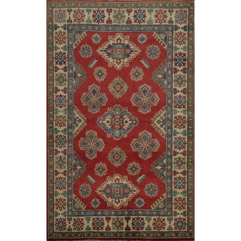 Hand Knotted Oriental 100% Wool Carpet Traditional Geometric Red Kazak Area Rug - 5' 9'' X 4' 0''