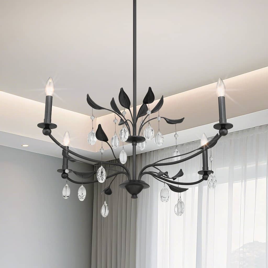 Thesis Presley 36-inch 4-light Textured Black Chandelier with Clear Glass Drops - L: 36" x W: 36" x H: 18" x M-H: 62"