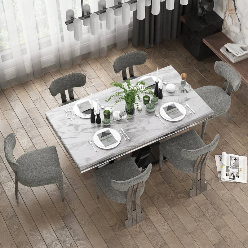 Glam Silver Dining Table Set with 64 inch Dining Table and Black Button Tufted Velvet Dining Chairs