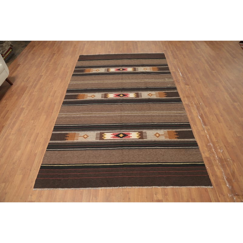 Hand Woven Oriental 100% Wool Carpet Southwestern Tribal Brown Kilim Area Rug - 10' 5'' X 6' 6''