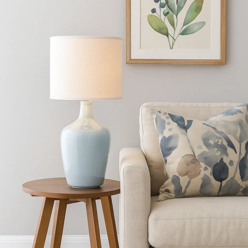 Table Lamp with Bellied Shape Ceramic Base, Gray