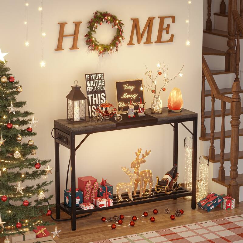 Console Table with Charge Station, Sofa Table with Storage Shelves for Living Room