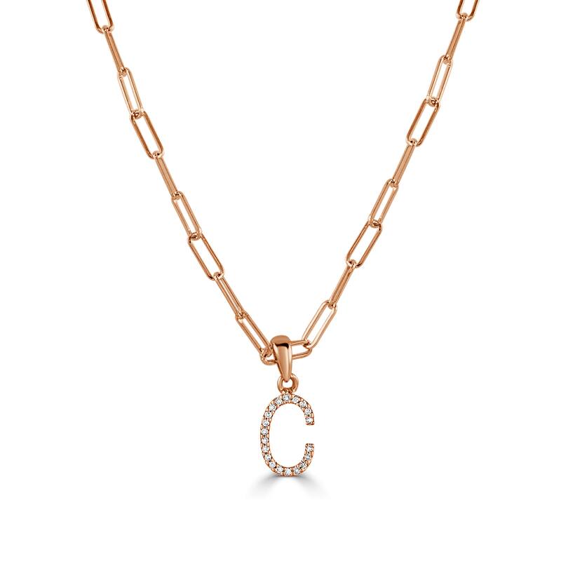 Joelle Collection Diamond Initial Letter Necklace Paperclip 14K Gold 16-inch Chain 1/10 TDW Necklace - C - Rose