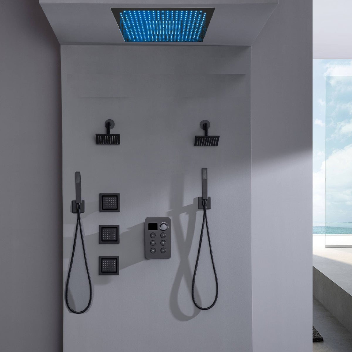 6 way Digital Display Shower Faucet with Dual 6'' regular head and body jets and flush mount top head - 7'6" x 10'9"