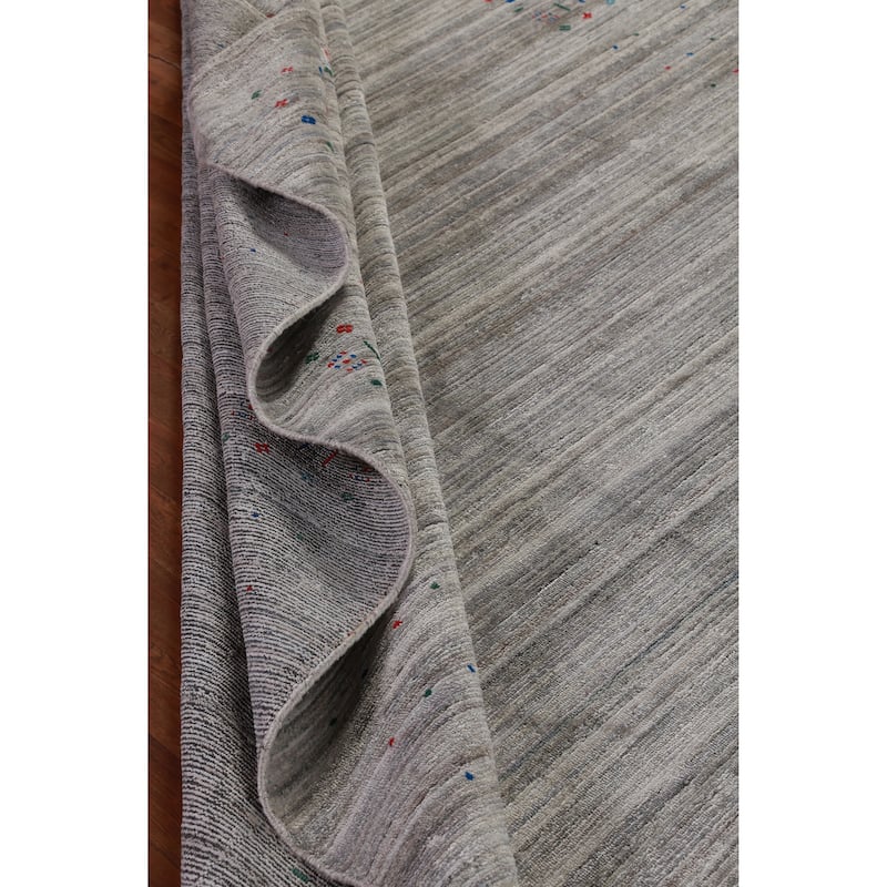Hand Knotted Oriental Viscose Silk Carpet Tribal Stripe Greys & Charcoal Gabbeh Area Rug - 9' 11'' X 7' 10''