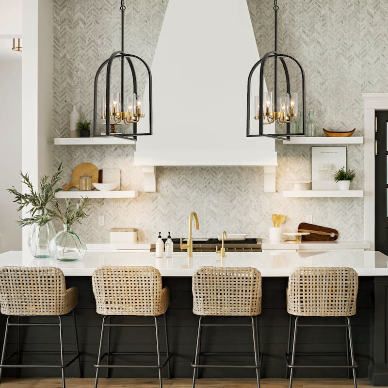 4-Light Farmhouse Industrial Matte Black Lattern Cage Chandelier with Clear Glass Tube for Use in Kitchen Island, Dining Room