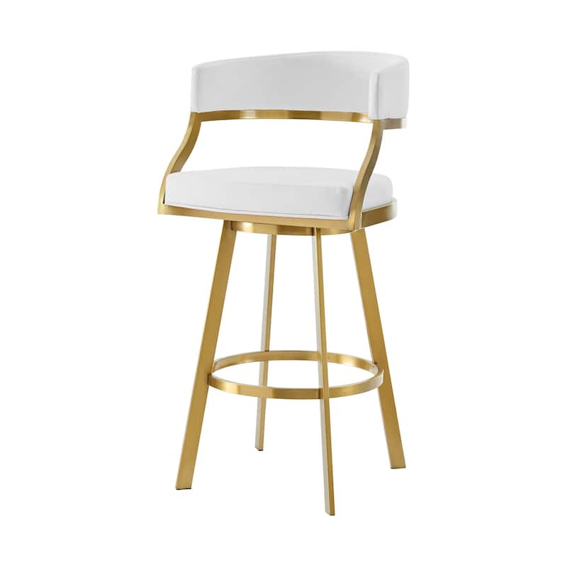 HomeRoots 26" White and Gold Faux Leather and Stainless Steel Low Back Counter Height Swivel Bar Chair