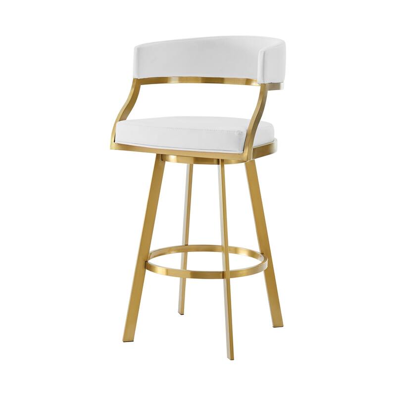 HomeRoots 30" White and Gold Faux Leather and Stainless Steel Low Back Bar Height Swivel Bar Chair