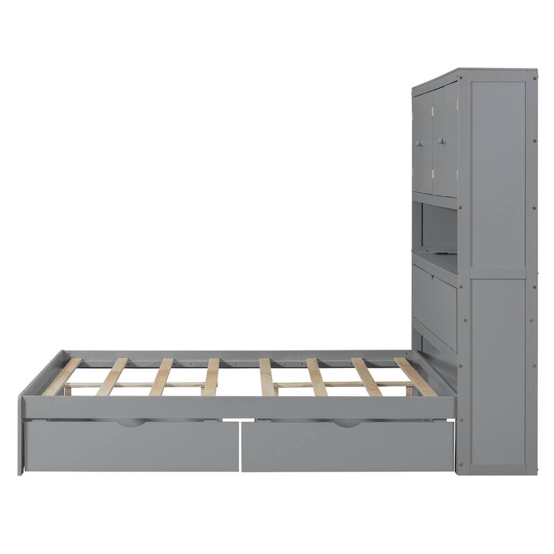Full Size Wooden Platform Bed Multi-Functional Storage Bed with Flip-Up Headboard USB Charging