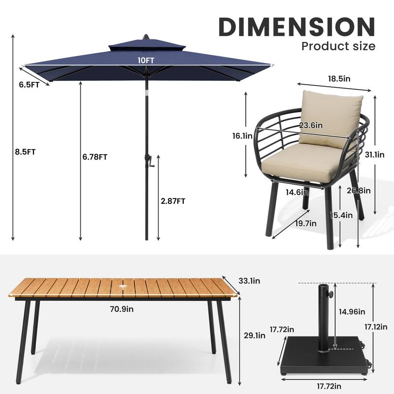 9-Piece Outdoor Patio Dining Set w/10 ft Umbrella and Base Aluminum Dining Table and Chairs with Sunbrella Cushion