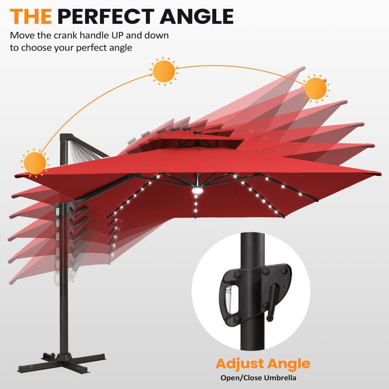 10X13 FT Outdoor Cantilever Patio Umbrella Solar LED Light with Weights Base