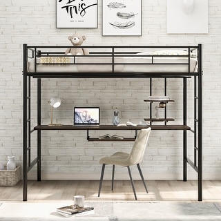 Full Metal Loft Bed with Desk and Shelves, Space-Saving Design, Black