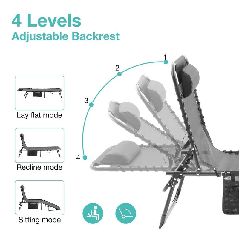 Folding Chaise Lounge Pool Chair Set of 1, Patio Sun Tanning Chair, Lounge Chair with 4-Position Reclining Back for Beach