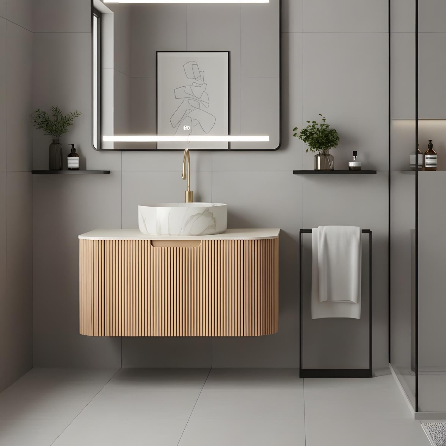 Floating Bathroom with Round Ceramic Basin and Storage Drawer
