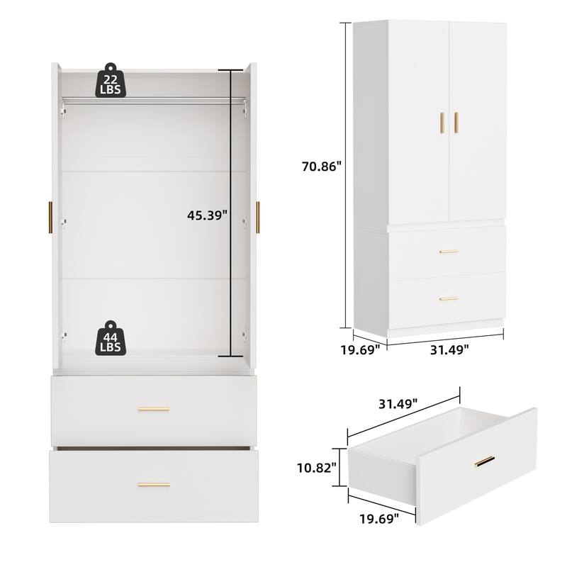 Meyreso White Minimalist Modular Wardrobe Closet with Drawers, Convertible Stacking Armoire - N/A