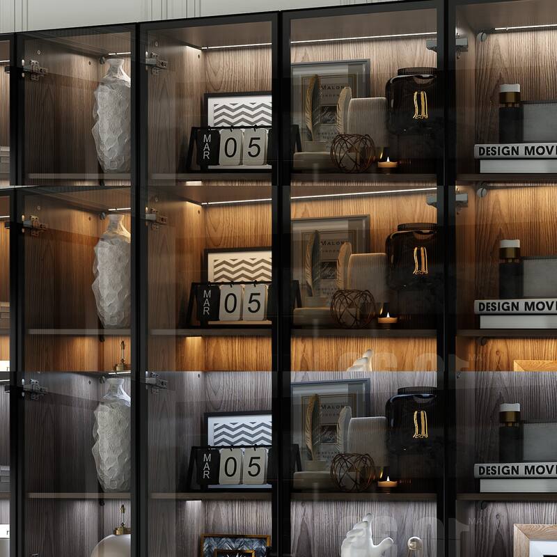 LED-Lit Wood Grain Cabinet - Configurable Storage for Home or Office