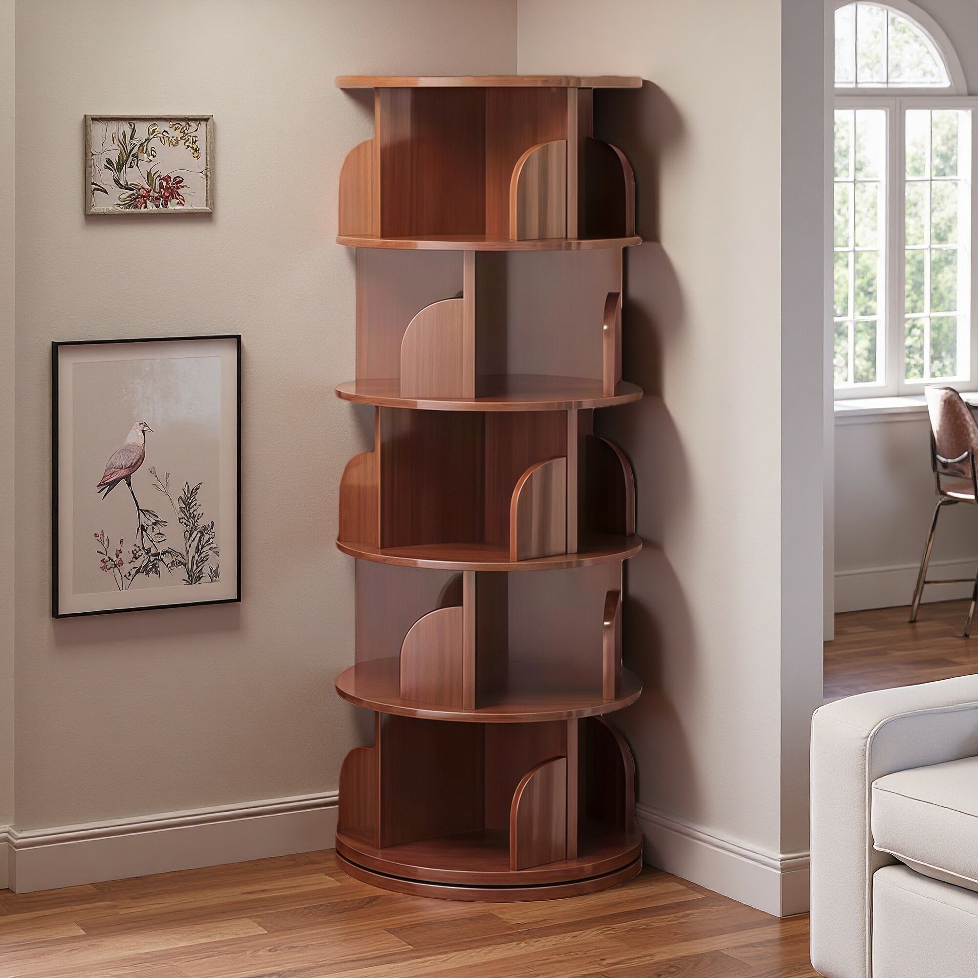 61.8"H 5-Tier Rotating Bookshelf, 360° Round, Space-Saving Small Space Storage